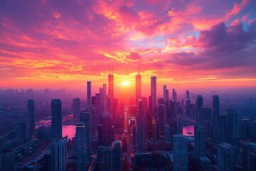 Fototapeta premium City skyline at sunset with vibrant sky