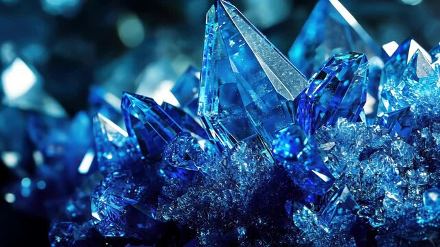 Abstract blue crystal formations shimmering in light, futuristic design, vibrant and sharp, intricate details