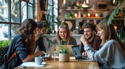 Freelancers collaborate at a cozy cafe while working on laptops during a productive morning