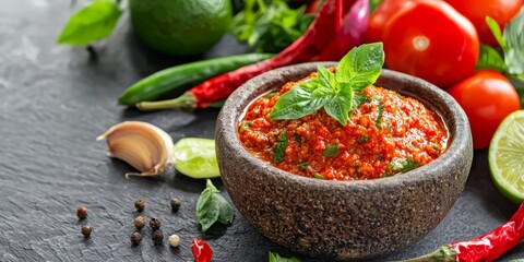 Fresh Spicy Salsa Sauce with Ingredients on Dark Stone Background