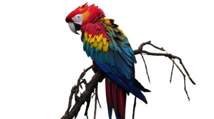 Scarlet macaw perching on branch with transparent background