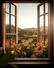 A serene view from an open window showcasing vibrant flowers and rolling hills under a warm sunset light. © kazitafahnizeer