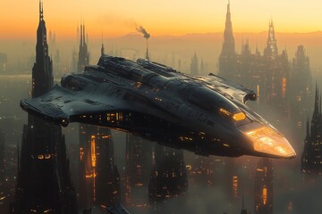 Futuristic Spaceship Over Cityscape