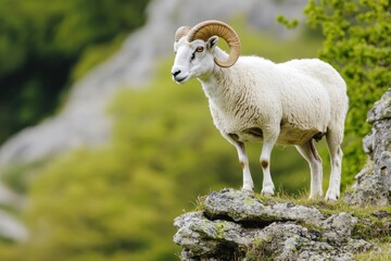 Naklejka premium Majestic White Ram on Rocky Outcrop Surrounded by Lush Greenery