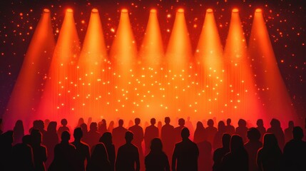 Silhouettes of a Crowd at a Concert Under Illuminated Stage Lights with Vibrant Colorful Background