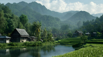 Fototapeta premium Serene Tropical Village nestled in Mountains by River