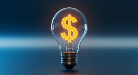 The bright idea of financial success glows warmly in a glass lightbulb against a deep blue backdrop.