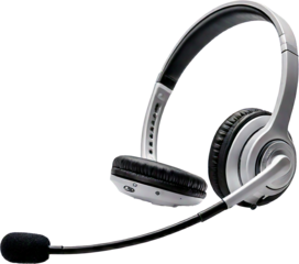 Headphones with microphone for IP call center phones isolated on transparent background, close up view