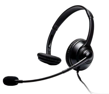 Headphones with microphone for IP call center phones isolated on transparent background, close up view