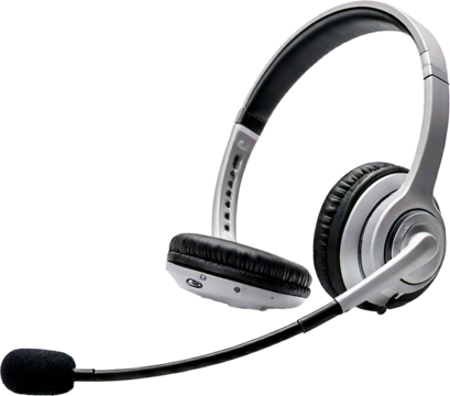 Headphones with microphone for IP call center phones isolated on transparent background, close up view