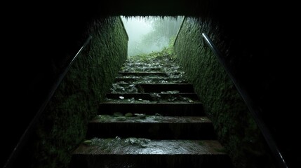Moss-covered steps leading upwards into a misty landscape