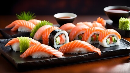 A close-up shot an assortment delicious salmon sushi, beautifully arranged a black plate soy sauce garnishes.