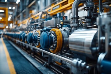 Industrial machinery displays a manufacturing line with various components connected