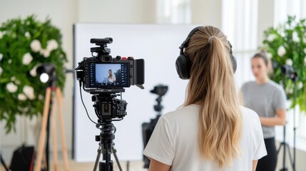 Female videographer capturing video content in studio with green plants and soft lighting for creative projects