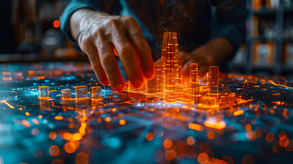 Futuristic Cityscape Hologram Digital Innovation Smart City Technology Metaverse Virtual Reality Interface Hand Interaction Neon  