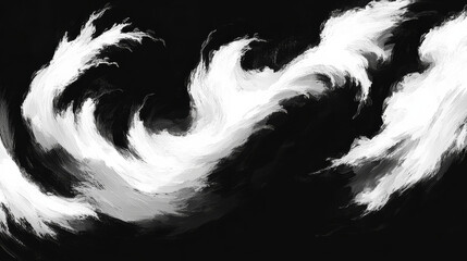 Dynamic abstract ink art with swirling white brushstrokes on black background, evoking sense of movement and fluidity. contrast between light and dark creates dramatic visual impact