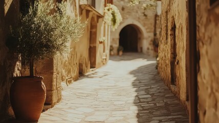 Obraz premium Sunlit Stone Street in Historic Village: Terracotta Pot and Olive Tree