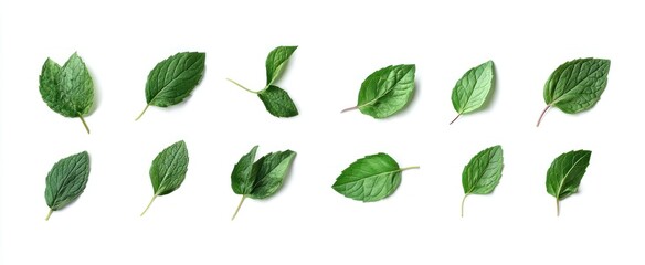 Twelve Green Leaves Arranged on a Plain White Background