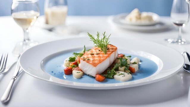 Grilled cod fillet elegantly plated a vibrant blue sauce, accompanied fresh vegetables.
