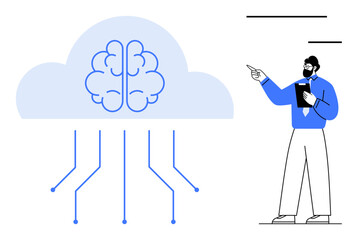 Brain embedded in cloud visualizes AI and machine learning. Professional points to it, presenting AI, technology, and innovation. Ideal for AI, cloud, tech, education strategy data connectivity