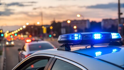Close up of flashing blue lights on a police car roof during a city evening with copy space, symbolizing safety and emergency services