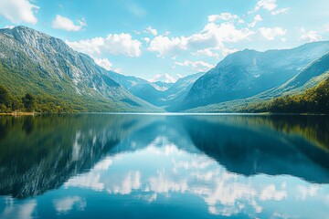 Scenic view shows lake reflecting mountains and a cloudy sky