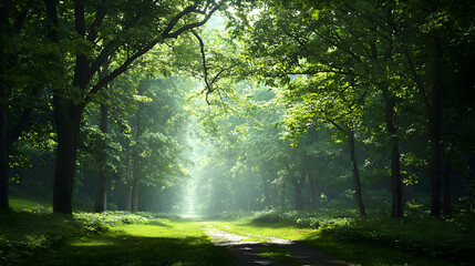 Obraz premium Sunlight Filtering Through Lush Green Forest Path