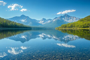 Mountains and forest are reflected in a serene clear lake