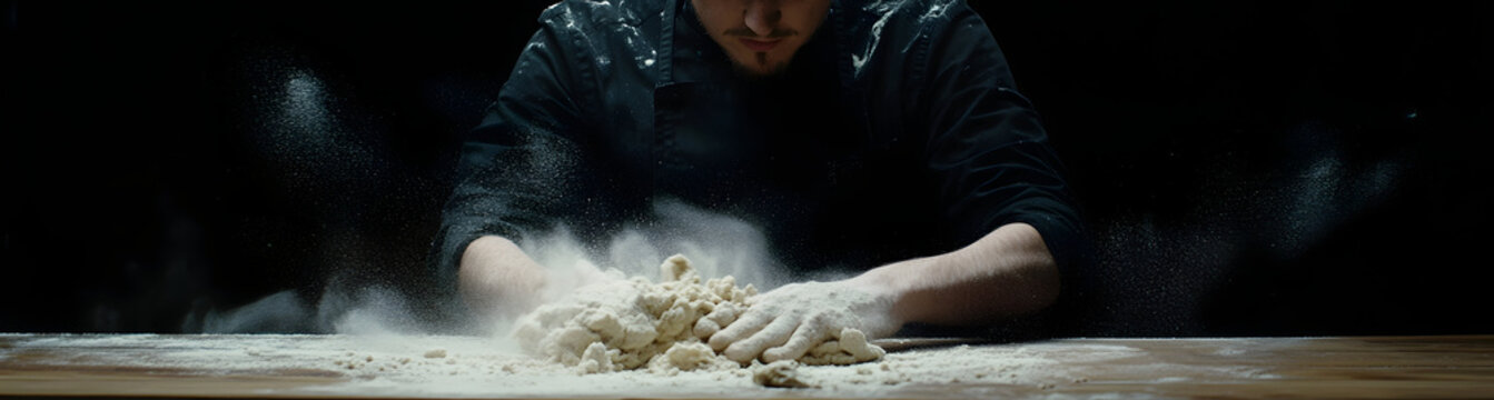 Person Kneading Dough With Flour Clouds In Dark Kitchen Creations and Preparations of Foodstuffs  And Ingredients In A Kitchen Area  With Work Surface  Shadows  And White Flour