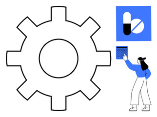 Gear icon symbolizes systems pills highlight healthcare, and a woman with calculator signifies data analysis or resource management. Ideal for healthcare, tech, teamwork, workflow, operation