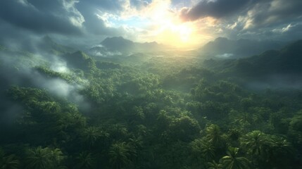 Fototapeta premium Lush tropical valley bathed in golden sunlight. Dense forest canopy with misty mountains in the distance. A vibrant, natural scene