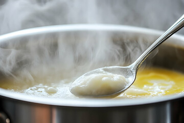 Steaming Pot of Creamy Soupy Mixture Being Stirred with a Silver Spoon