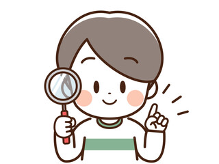 こども_虫眼鏡を持つ男の子_指を立てる