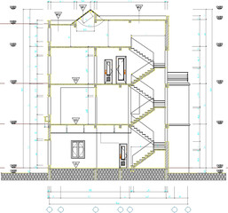 vector sketch illustration of architectural design of view and section of modern vintage multi-storey house building with scale size