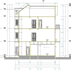 vector sketch illustration of architectural design of view and section of modern vintage multi-storey house building with scale size