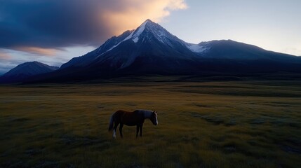 Majestic mountain range, solitary horse, golden hour