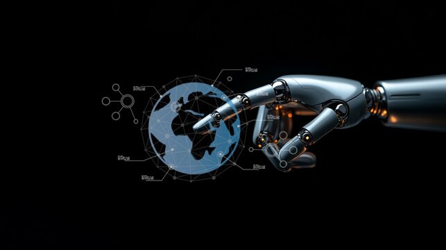 Cybernetic Touch: A sleek metallic robotic hand delicately interacts with a holographic globe, illuminating the convergence of artificial intelligence and global connectivity, against a dark backdrop.