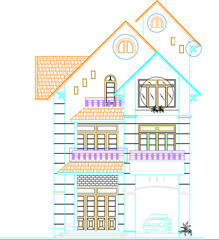 vector sketch illustration of architectural design view and section of classic vintage mediterranean house building