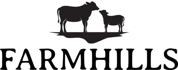 simple black silhouette ranch farm with cow logo design