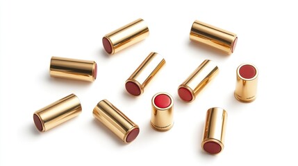Obraz premium A collection of golden lipsticks arranged against a white background
