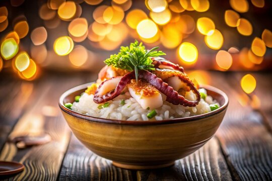 Delicious Ika Meshi: Squid Rice Bowl with Bokeh Background