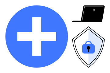Laptop, blue medical cross symbol, and a shield with a padlock. Ideal for depicting healthcare IT, cybersecurity, data protection, digital health, medical technology, secure systems and online