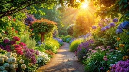 Sunlit Garden Path with Blooming Flowers