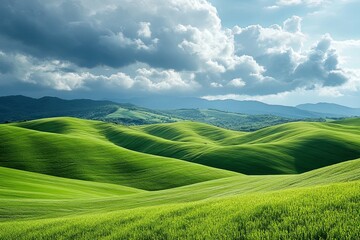 Fototapeta premium Rolling green hills under a cloudy sky on a bright day