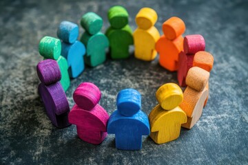 abstract wooden figures in various colors and sizes arranged in inclusive circle formation representing unity and diversity