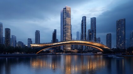 Naklejka premium Futuristic urban landscape with illuminated bridge and skyscraper reflections