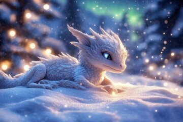 Obraz premium adorable baby dragon curled up in snowy landscape breathing small frost crystals surrounded by twinkling winter lights and magical aurora