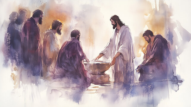 Watercolor Painting of Jesus Washing the Disciples&rsquo; Feet on Maundy Thursday, a Symbol of Humility and Servanthood