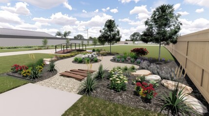 Fototapeta premium garden view decorated with grass and flowers