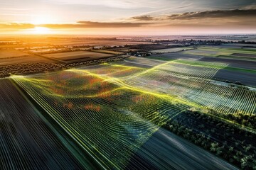advanced agricultural drone scanning vast cropfields at sunset with digital overlay showing crop health data